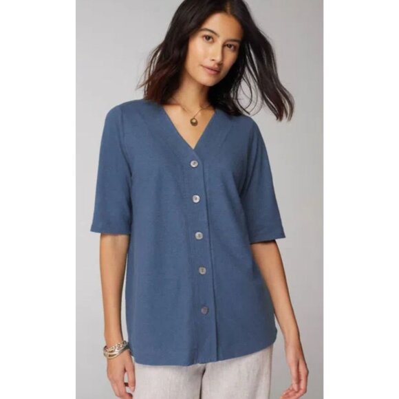 J.Jill Pure Jill Hemp Button Front Knit Top XL Blue V-Neck Lightweight Relaxed - Picture 2 of 13